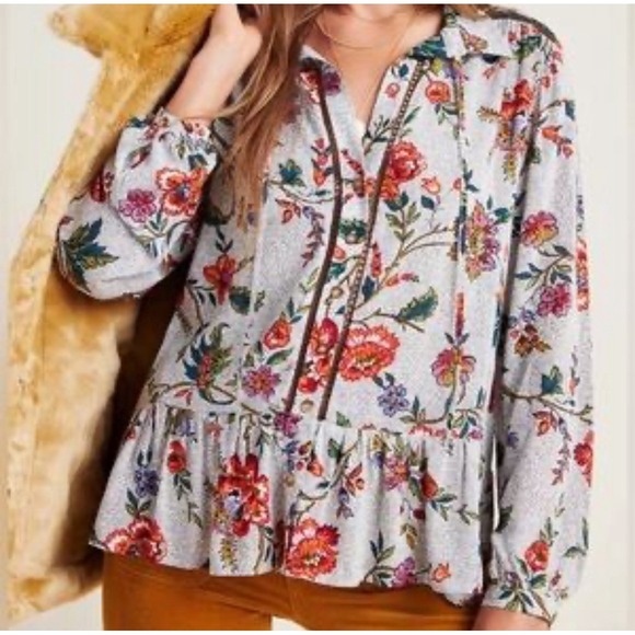 Anthropologie Tops - Maeve Anthropologie Janie Flounce Hem Button Up Polka Dot Floral Blouse Size 0